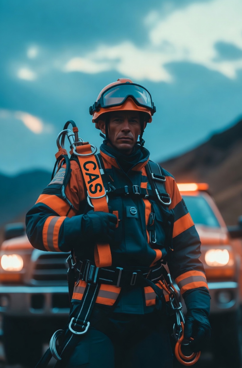 A CAS-Straps first responder in branded rescue harness in front of emergency vehicles at dusk
